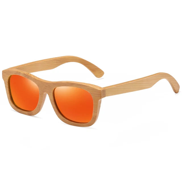 Sonnenbrille aus Bambus mit orange roten Gläsern