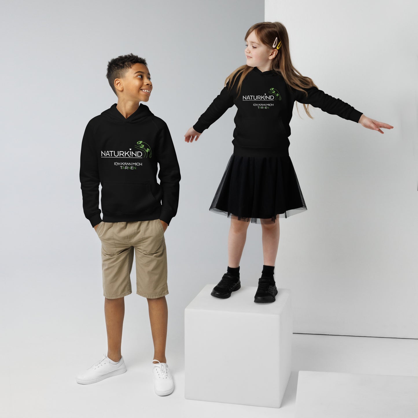 NATURKIND Eco Kapuzenpullover Kids Chamäleon, schwarz + navy + fancy orange