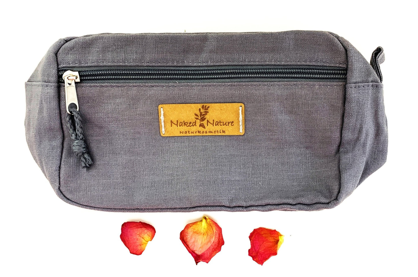 graue Kosmetiktasche aus 100% Hanf-Faser mit veganem Lederlabel